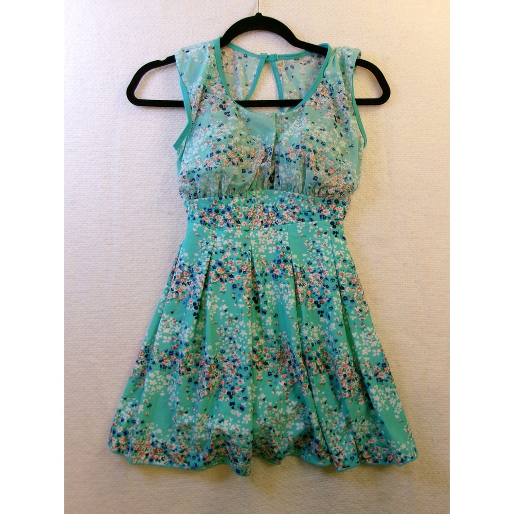 BIMEI Mastectomy Swim Dress Teal Floral Pocketed One Piece Swimsuit Size XS